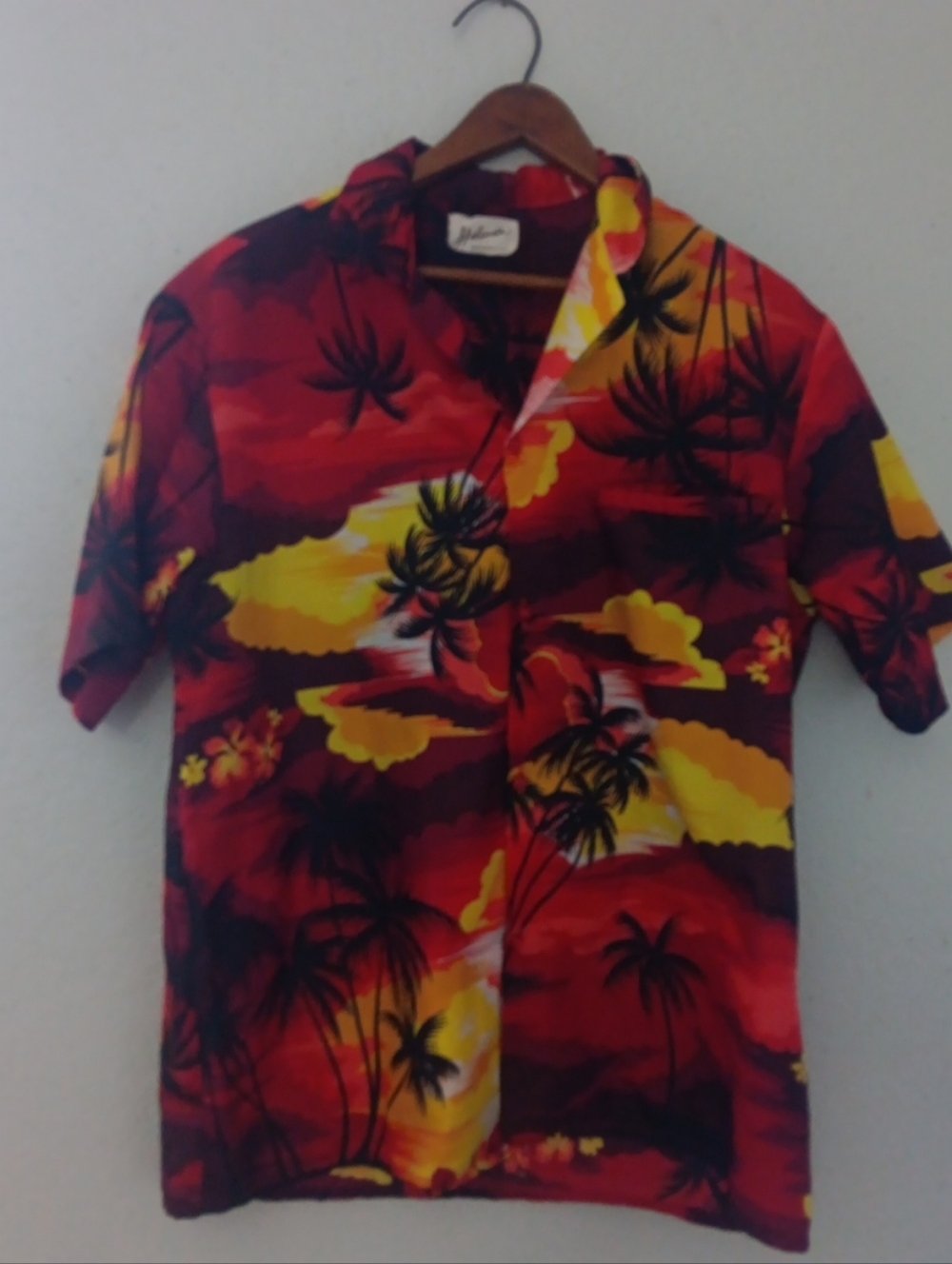Helena Red and Yellow Tropical Print Short Sleeve Shirt Vintage Hawaii Tiki